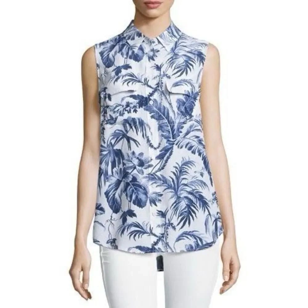 Equipment Slim Signature Printed Silk Sleeveless Blouse in White/Blue Medium